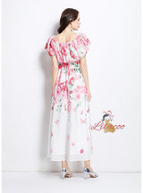 Printed Chiffon Off the Shoulder Split Dress