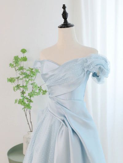 Blue Satin Tulle Off the Shoulder Pleats Prom Dress