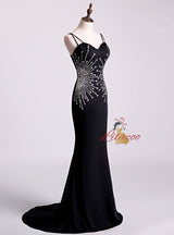 Black Mermaid Spaghetti Straps Beading Prom Dress