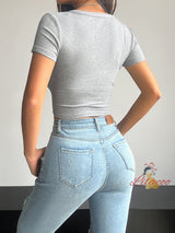 Solid Color Square Collar Short T-shirt