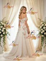 Ivory Tulle Off the Shoulder Appliques Wedding Dress