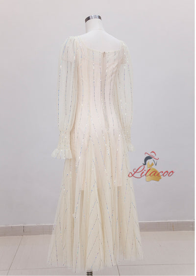 Beige Sequins Long Sleeve Prom Dress