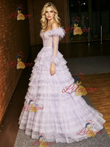 Purple Tulle Long Sleeve Tiers Prom Dress
