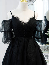 Black Tulle Lace Pleats Homecoming Dress
