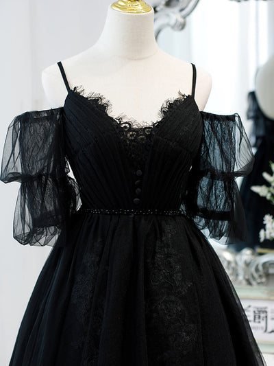 Black Tulle Lace Pleats Homecoming Dress