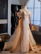 Champagne Tulle Lace Split Wedding Dress