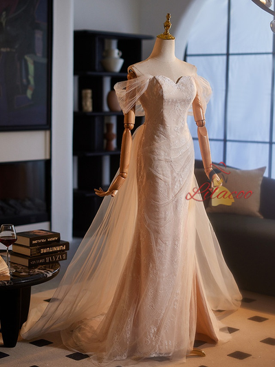 Champagne Tulle Lace Split Wedding Dress