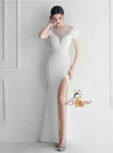 Blue Scoop Neck Split Feather Prom Dress