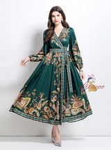Retro Palace Printed V-neck Lantern Long Sleeve Dress