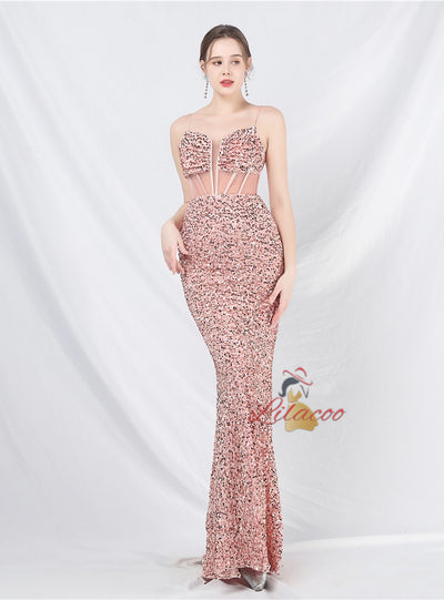 Mermaid Sequins Spaghetti Straps Split Sequins Prom Dress