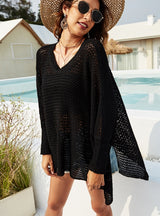 Loose Hollow Round Neck Bat Sleeve Knitted Cover Up
