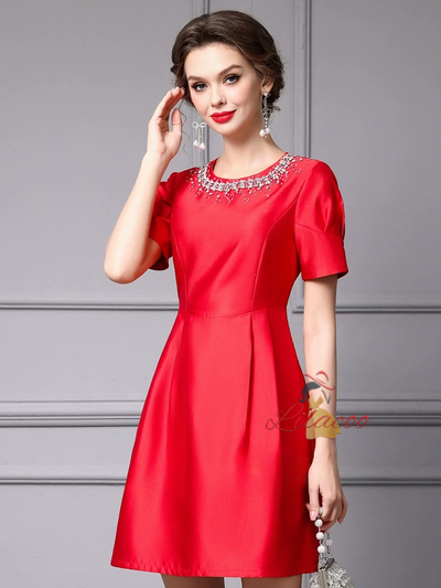 Red Satin Beading Crystal Mother of the Bride Dress