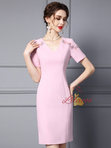 Pink V-neck Short Sleeve Mother Of The Bride Dress