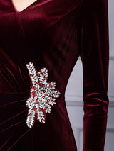 Burgundy Velvet Long Sleeve Mother Of The Bride Dress