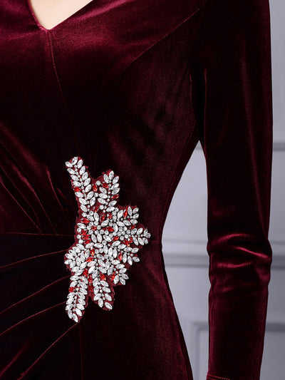 Burgundy Velvet Long Sleeve Mother Of The Bride Dress