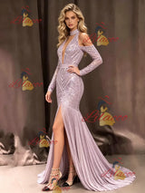 Purple Mermaid Sequins Long Sleeve Prom Dress