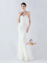 Sequins Tulle Spaghetti Straps Beading Prom Dress