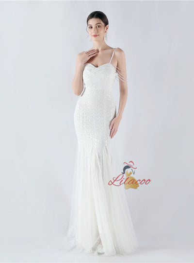 Sequins Tulle Spaghetti Straps Beading Prom Dress