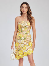 Heavy Industry Embroidery Flower Asymmetric Tube Top Dress