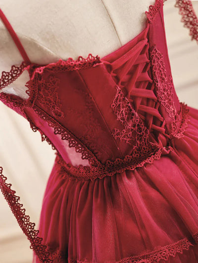 Burgundy Tulle Lace Straps Homecoming Dress