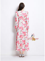 Lace Long Sleeve Printed Deep V-neck Dress