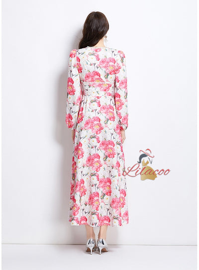 Lace Long Sleeve Printed Deep V-neck Dress