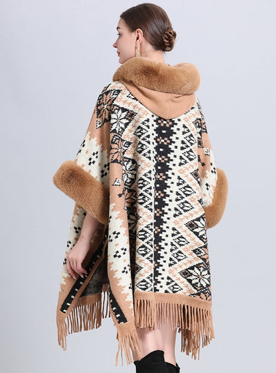 Hooded Fringed Loose Jacquard Cloak Shawl