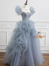 Blue Tulle Sequins Puff Sleeve Beading Prom Dress