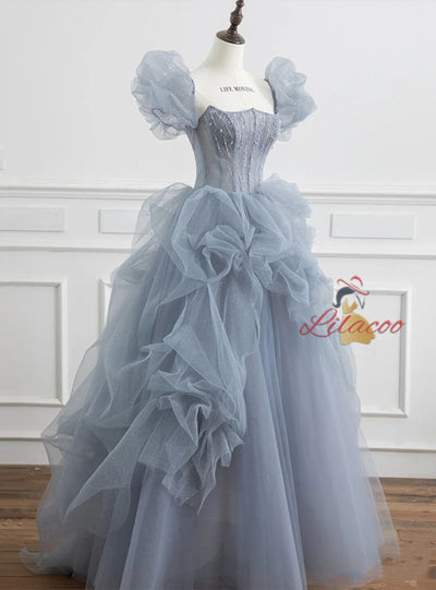 Blue Tulle Sequins Puff Sleeve Beading Prom Dress