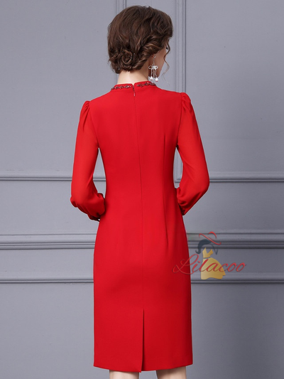 Red Long Sleeve Crystal Mother Of The Bride Dress