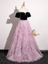 Pink Tassel Black Velvet Beading Prom Dress