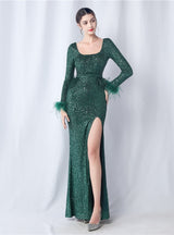 Long Sleeve Mermaid Sequins Split Prom Dress