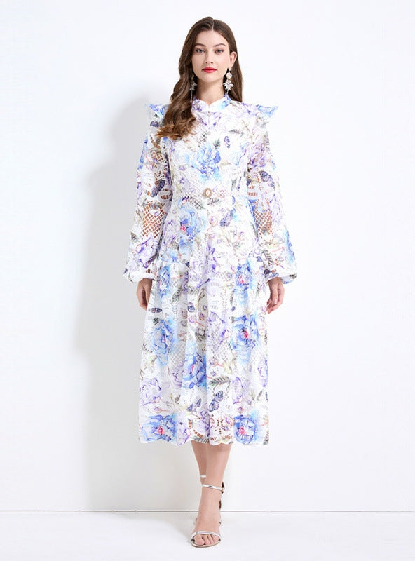 Hollow Lace Long Sleeve Printed Dress