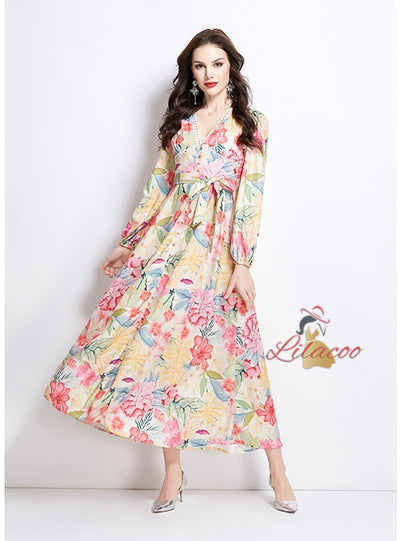 Flower Long Sleeve Retro Long Dress