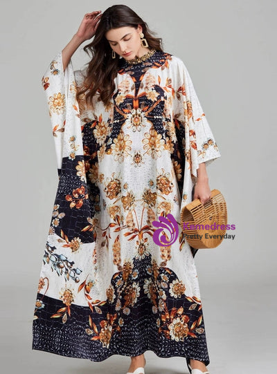 Printed Round Neck Split Nail Drill Loose Dress