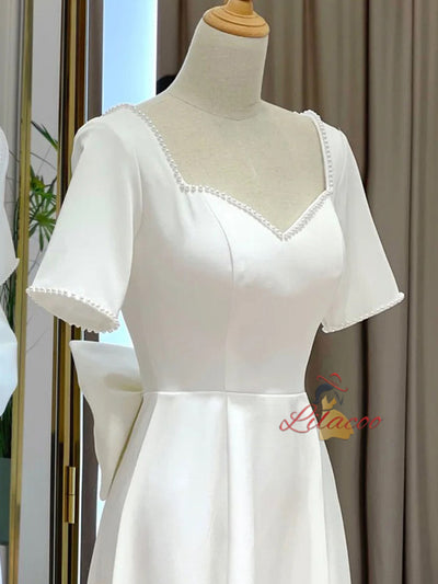 White Satin Short Sleeve Backless Wedding Dress