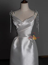White Satin Straps Beading Wedding Dress