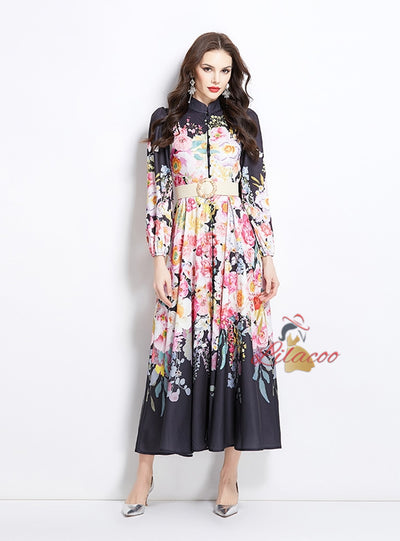 Printed Long Stand-up Silm Waist Slim Dress