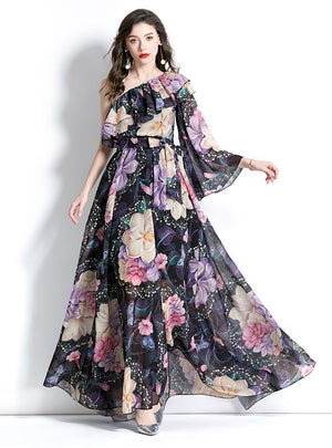 One-shoulder Ruffled Beach Print Dress