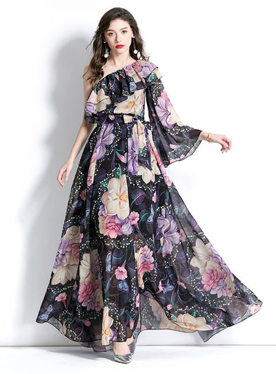 One-shoulder Ruffled Beach Print Dress