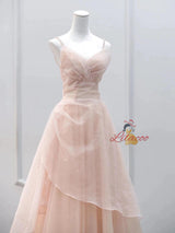 Pink Tulle Pleats Straps Beading Prom Dress