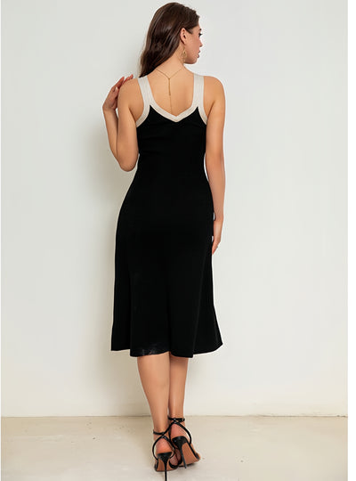 Contrast Stitching Slim V-neck Sling Dress