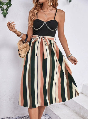 Slim-fit Colorful Striped Stitching Chain Dress