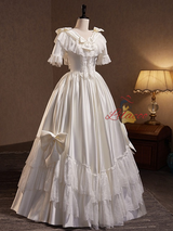 White Satin Lace Short Sleeve Bow Wedding Dress