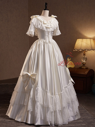 White Satin Lace Short Sleeve Bow Wedding Dress