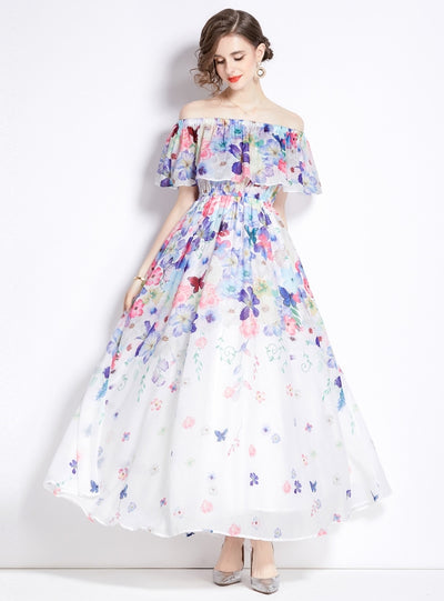 Chiffon Print Off the Shoulder Flounces Dress