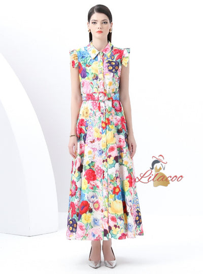 Retro Palace Printed Breasted Dress