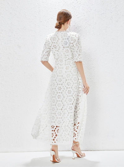 V-neck Short Sleeve Waist Hollow Dress