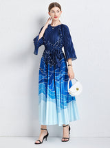 Pleated Loose Printed Pleated Long Seeve Dress