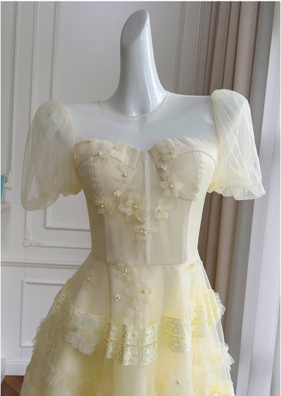 Yellow Short Sleeve Flower Prom Dress